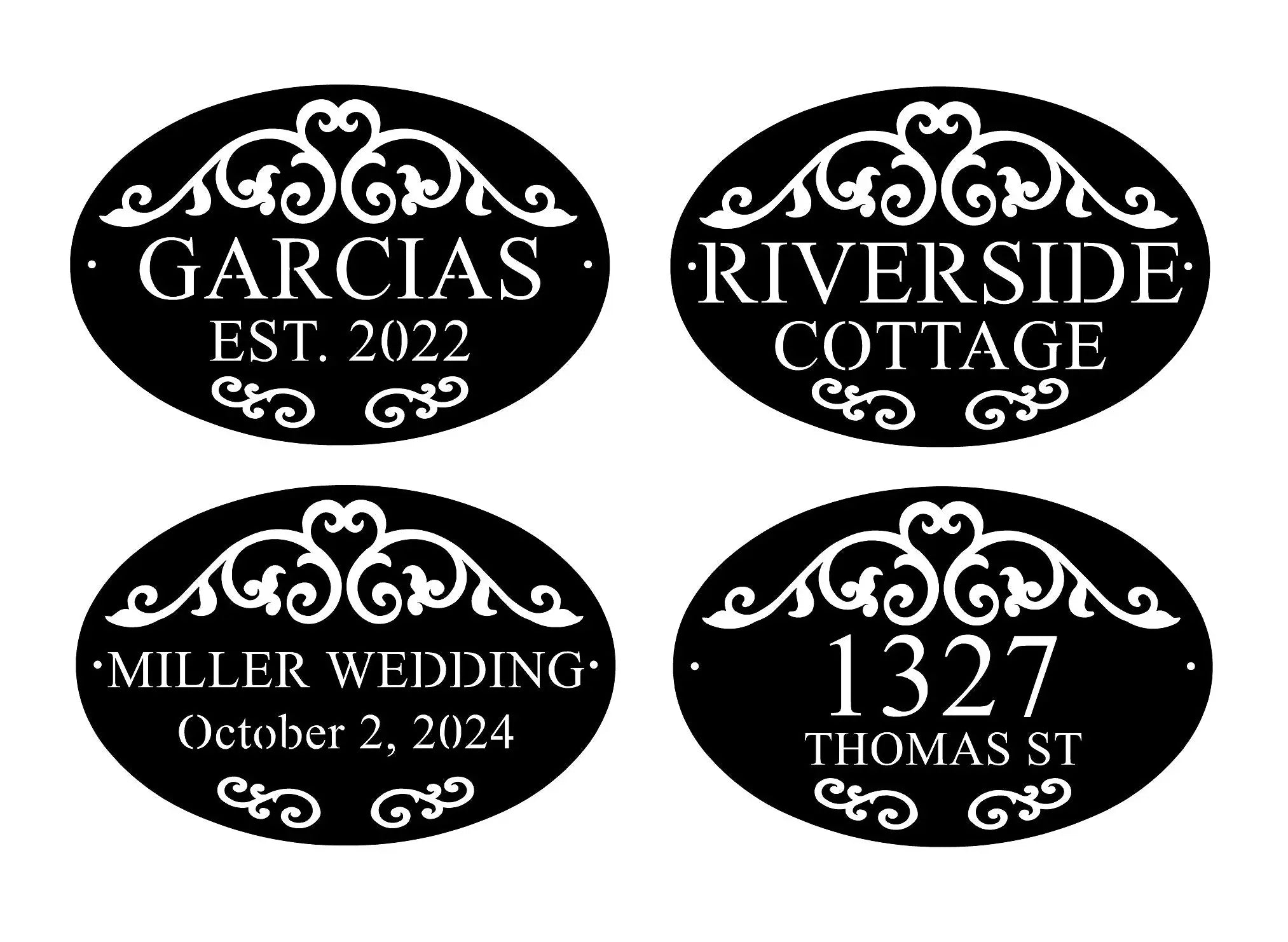 Scroll & Oval Custom Metal Plaque — Address, Name or Wedding